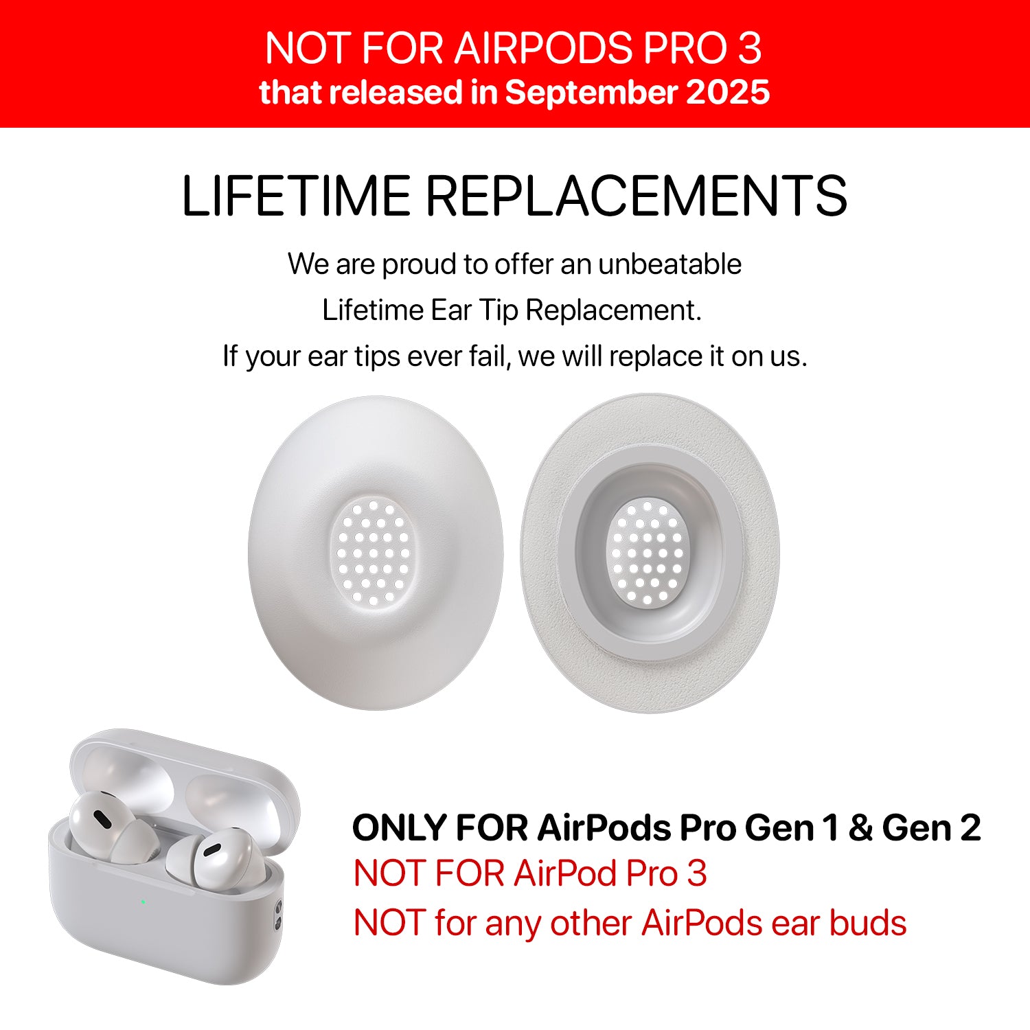 Replacement ear tips for AirPods Pro with product details on a white background.